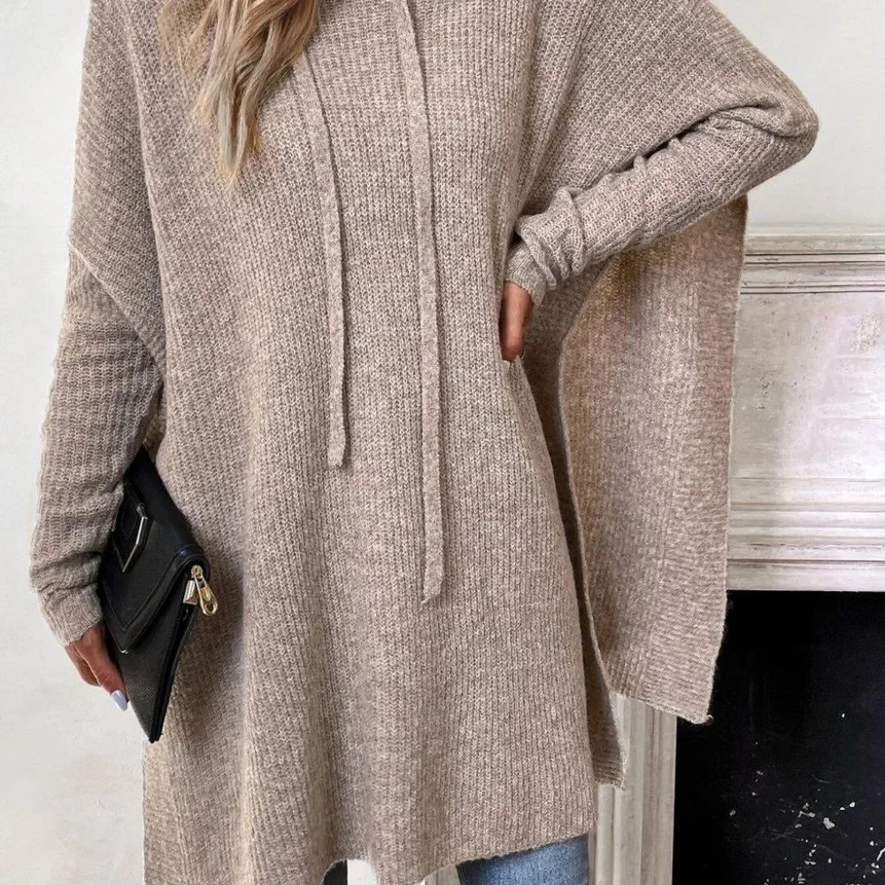 Casual Womens Hooded knit Sweater top Khaki - Picture 2 of 5